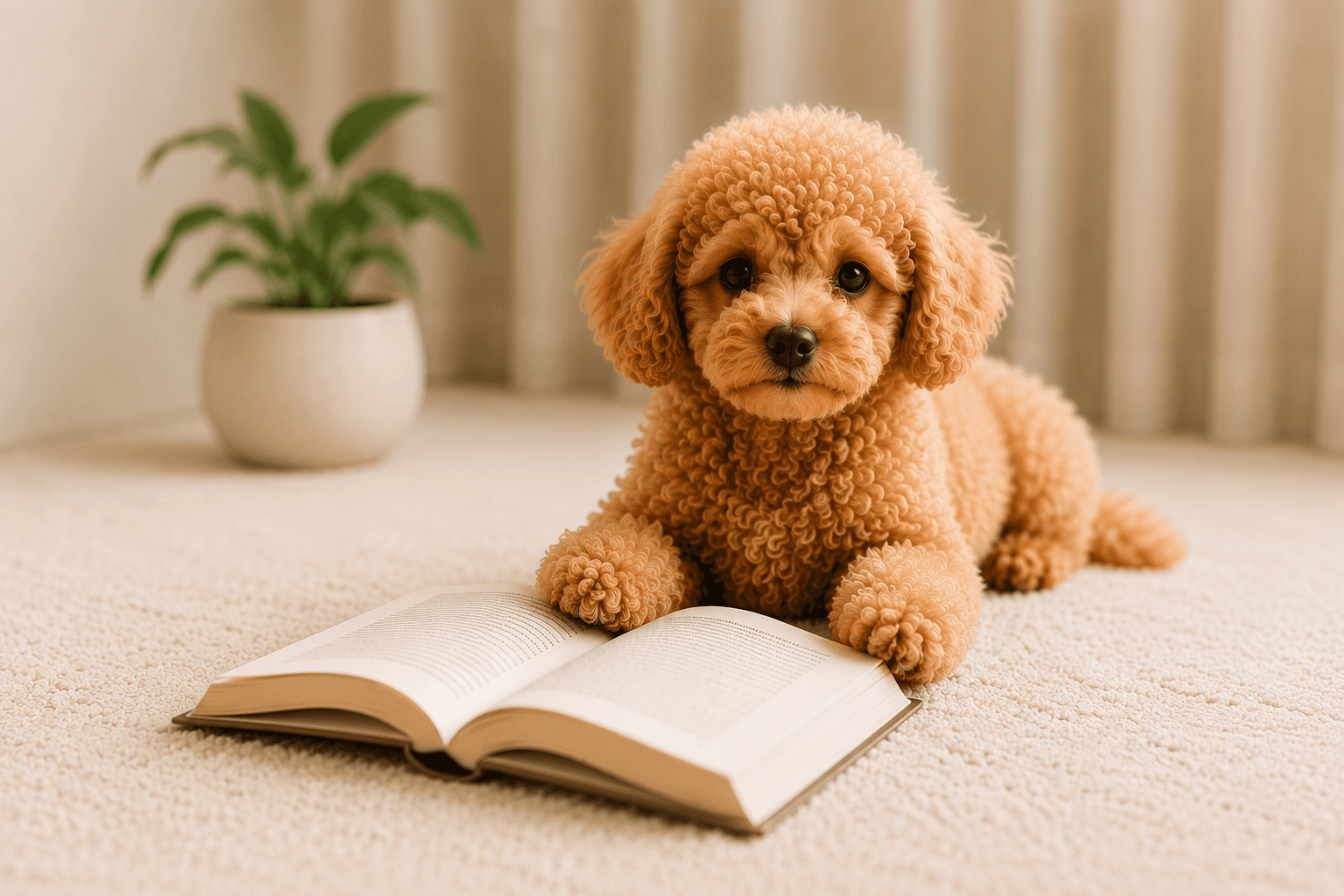 Açık kitabın yanında dinlenen apricot Toy Poodle yavrusu